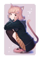 Rule 34 | 10s, 1girl, :o, animal ears, bad id, bad pixiv id, black thighhighs, blazer, blunt bangs, blush, breast press, breasts, brown skirt, buckle, cat ears, cat tail, danganronpa (series), danganronpa 2: goodbye despair, english text, february, full body, hair ornament, hairclip, hands on own cheeks, hands on own face, jacket, kemonomimi mode, long sleeves, mary janes, medium breasts, nanami chiaki, open clothes, open jacket, parted lips, pink footwear, pink hair, pleated skirt, red eyes, school uniform, shirakino, shoes, short hair, skirt, solo, squatting, tail, tareme, thighhighs, zettai ryouiki