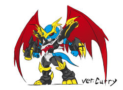 Rule 34 | 1boy, arm cannon, armor, digimon, full armor, highres, horns, imperialdramon, imperialdramon fighter mode, male focus, monster, no humans, red eyes, solo, tail, weapon, wings