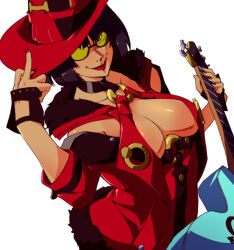 1girl bare_shoulders black_choker black_gloves black_hair blizzardingpike breasts choker cleavage coat electric_guitar fingerless_gloves fur_coat glasses gloves guilty_gear guilty_gear_strive guitar hand_on_headwear hat holding holding_guitar holding_instrument i-no instrument large_breasts looking_at_viewer mole mole_above_mouth red_hat short_hair smile solo sunglasses tinted_eyewear witch_hat