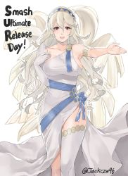 Rule 34 | 1girl, azura (fire emblem), bare shoulders, breasts, cape, corrin (female) (fire emblem), corrin (fire emblem), dress, fire emblem, fire emblem fates, fire emblem heroes, hair between eyes, hair ornament, hairband, highres, j@ck, large breasts, long hair, looking at viewer, nintendo, open mouth, pointy ears, red eyes, smile, solo, standing, super smash bros., white hair