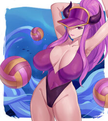 Rule 34 | 1girl, absurdres, armpits, arms behind head, b.sa (bbbs), ball, breasts, breasts apart, cleavage, covered erect nipples, hat, highres, horns, huge breasts, league of legends, long hair, looking at viewer, one-piece swimsuit, playing sports, ponytail, purple eyes, purple hair, purple hat, purple one-piece swimsuit, solo, swimsuit, syndra, upper body, volleyball, volleyball (object)