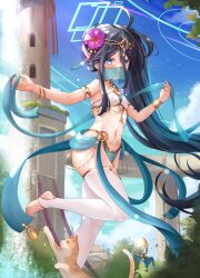Rule 34 | 1girl, absurdres, aris (blue archive), bare shoulders, belly dancer, black hair, blue archive, blue eyes, highres, long hair, looking at viewer, open mouth, sechka, smile, solo