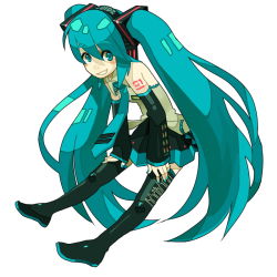 1girl aqua_hair female_focus haruo_(clownberry) hatsune_miku long_hair simple_background solo thighhighs twintails very_long_hair vocaloid