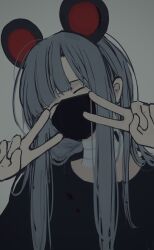 Rule 34 | 1girl, 8rk9, absurdres, animal ears, bandaged neck, bandages, black mask, black shirt, blood, blood on clothes, closed eyes, commentary, double v, facing viewer, fake animal ears, grey background, grey hair, hands up, highres, long bangs, long hair, long sleeves, mask, mouse ears, mouth mask, original, shirt, sidelocks, simple background, solo, straight hair, upper body, v