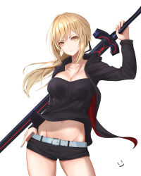 Rule 34 | &gt;:(, 1girl, absurdres, arm up, artoria pendragon (all), artoria pendragon (fate), belt, belt buckle, black jacket, black ribbon, black shirt, black shorts, blonde hair, breasts, buckle, cleavage, closed mouth, clothes pull, contrapposto, cowboy shot, excalibur morgan (fate), fate/grand order, fate (series), hair ribbon, hand on own hip, heart, highres, holding, holding sword, holding weapon, jacket, large breasts, long hair, long sleeves, looking at viewer, navel, official alternate costume, open clothes, open jacket, ponytail, pulled by self, ribbon, saber alter, saber alter (ver. shinjuku 1999) (fate), serious, shirt, shorts, shorts pull, smile, solo, stomach, sword, thighs, weapon, wei xiao, yellow eyes