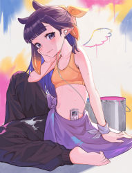 Rule 34 | 1girl, absurdres, alternate costume, barefoot, black hair, casual, digital media player, earphones, highres, hololive, hololive english, kiwwwwwi, long hair, looking at viewer, midriff, navel, ninomae ina&#039;nis, paint can, paint on clothes, pants, pointy ears, solo, sports bra, sweat, sweatpants, tentacle hair, virtual youtuber