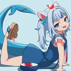 Rule 34 | 1girl, animal ears, arched back, arm support, bag, bare legs, blue background, blue dress, blue eyes, blue hair, blue tail, blunt bangs, cat ears, cat girl, commentary, dress, feet up, fins, fish tail, frilled sleeves, frills, from side, gawr gura, gawr gura (casual), grey hair, hair ornament, head tilt, highres, hololive, hololive english, legs, looking at viewer, makugiga, multicolored hair, official alternate costume, on ground, one side up, open mouth, sandals, shadow, shark girl, shark print, shark tail, sharp teeth, shirt, short dress, short sleeves, shoulder bag, shrimp, side ponytail, sidelocks, sleeveless, sleeveless dress, solo, streaked hair, symbol-only commentary, tail, teeth, toenails, toes, upper teeth only, virtual youtuber, white shirt