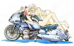 Rule 34 | 2girls, artist name, ass, barefoot, black one-piece swimsuit, blonde hair, brown eyes, covered erect nipples, from side, hair behind ear, highres, holding hands, license plate, long hair, looking at another, looking up, motor vehicle, motorcycle, multiple girls, one-piece swimsuit, original, parted lips, see-through, see-through shirt, shadow, swimsuit, vehicle focus, very long hair, white background, yonemura kouichirou, yuri