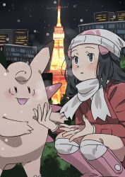 Rule 34 | 1girl, absurdres, beanie, black hair, blush, boots, bubble, clefable, coat, commentary request, creatures (company), dawn (pokemon), eyelashes, game freak, gen 1 pokemon, grey eyes, hair ornament, hairclip, hat, highres, hunnyamai, long sleeves, looking up, night, nintendo, outdoors, over-kneehighs, parted lips, pink footwear, pokemon, pokemon (creature), pokemon dppt, pokemon platinum, red coat, scarf, signature, squatting, thighhighs, tower, white scarf, white thighhighs