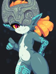 Rule 34 | 1girl, abstract background, blue skin, closed mouth, colored sclera, colored skin, completely nude, cowboy shot, dot nose, fang, flat chest, hand on own hip, long hair, looking at viewer, midna, minimilieu, multicolored skin, navel, nintendo, no nipples, nude, one eye covered, orange hair, pixel art, pointy ears, red eyes, skin fang, solo, split mouth, the legend of zelda, the legend of zelda: twilight princess, thick thighs, thighs, tsurime, two-tone skin, yellow sclera