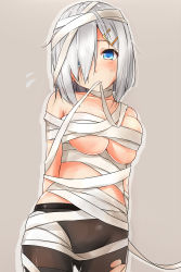 Rule 34 | 10s, 1girl, absurdres, bandages, bare shoulders, blue eyes, breasts, hair ornament, hair over one eye, hairclip, halloween, hamakaze (kancolle), highres, kantai collection, looking at viewer, mouth hold, no shirt, pantyhose, saku (kudrove), short hair, silver hair, solo, torn clothes, torn pantyhose
