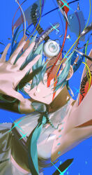 Rule 34 | 1girl, absurdres, android, aqua eyes, aqua hair, aqua necktie, arm up, armpits, blue background, breaking, cable, collared shirt, commentary, detached sleeves, dissolving clothes, eyeball, grey shirt, grin, hand up, hatsune miku, head tilt, highres, looking at viewer, looking up, miku day, necktie, open hand, qq orikou, shards, shirt, sleeveless, sleeveless shirt, smile, solo, sparkle, tube, upper body, vocaloid, water drop, wire