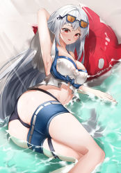 Rule 34 | 1girl, absurdres, arknights, arm behind head, arm up, armpits, ass, blue shorts, blush, breasts, cleavage, clothes pull, commentary, eyewear on head, feet out of frame, highres, inflatable orca, inflatable toy, large breasts, long hair, looking at viewer, lying, midriff, navel, nevin (flyskying), no headwear, official alternate costume, on side, orca hair ornament, parted lips, red eyes, shirt, short shorts, shorts, shorts pull, silver hair, skadi (arknights), skadi (waverider) (arknights), solo, stomach, sunglasses, thighs, very long hair, water, white shirt