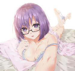 Rule 34 | 1girl, blush, breasts, cleavage, collarbone, fate/grand order, fate (series), glasses, heart, heart-shaped pupils, highres, large breasts, looking at viewer, lying, mash kyrielight, nipple slip, nipples, on stomach, panties, panties around leg, parted lips, purple eyes, purple hair, removing bra, sahara386, short hair, solo, suggestive fluid, symbol-shaped pupils, underwear