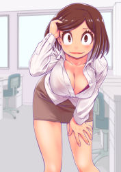Rule 34 | 10s, 1girl, arm support, bent over, black bra, blush, bra, bra slip, breasts, brown skirt, ceiling, chair, closed mouth, collarbone, collared shirt, desk, eyelashes, hand on own thigh, hand up, indoors, large breasts, legs apart, lipstick, long sleeves, makeup, miniskirt, office, office chair, office lady, osoko (osomatsu-san), osomatsu-san, osomatsu (series), pencil skirt, red lips, ruuen rouga, shirt, skirt, solo, standing, swivel chair, tucking hair, unbuttoned, unbuttoned shirt, underwear, wall, white shirt, window