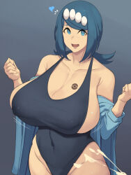 Rule 34 | 1girl, bare shoulders, blue eyes, blue hair, blue jacket, breasts, covered navel, creatures (company), cum, game freak, hair ornament, heart, highres, huge breasts, jacket, lana&#039;s mother (pokemon), long hair, mature female, metal owl (aden12), nintendo, one-piece swimsuit, penis, pokemon, pokemon (anime), pokemon sm (anime), solo, swimsuit