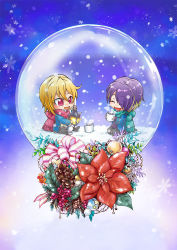 Rule 34 | 2boys, arms up, blonde hair, blue background, blue jacket, chibi, closed eyes, commentary request, cup, ensemble stars!, flower, gradient background, green scarf, hair between eyes, hair over one eye, holding, holding cup, holding lantern, holly, jacket, lantern, looking at another, mug, multicolored hair, multiple boys, nito nazuna, open clothes, open jacket, outstretched legs, pants, pinecone, plaid, plaid pants, poinsettia, purple hair, red eyes, red scarf, ribbon, scarf, school uniform, seia megumu, seiza, sengoku shinobu, shoes, short hair, sitting, sleeves past wrists, snow globe, snowflakes, streaked hair, striped ribbon, yumenosaki school uniform