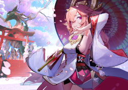 Rule 34 | 1girl, absurdres, blue sky, breasts, bugegehaibugouse, cherry blossoms, day, fox, genshin impact, highres, holding, holding umbrella, japanese clothes, long hair, looking at viewer, miko, petals, pink hair, purple eyes, scenery, shrine, sideboob, sky, smile, solo, stairs, statue, tree, umbrella, yae miko