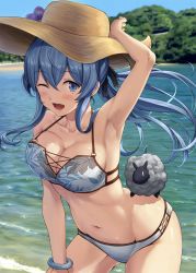 Rule 34 | 1girl, ;d, arm up, armpits, bangle, bikini, blue bikini, blue eyes, blue hair, blush, bracelet, breasts, cleavage, collarbone, day, gotland (kancolle), groin, hair between eyes, hat, highres, ichikawa feesu, jewelry, kantai collection, leaning forward, long hair, looking at viewer, medium breasts, mole, mole under eye, navel, one eye closed, open mouth, outdoors, revision, sheep, smile, solo, stomach, straw hat, sun hat, swimsuit, thighs