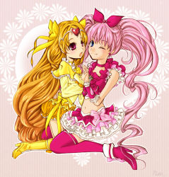 Rule 34 | 10s, 15um, 2girls, blue eyes, boots, bow, braid, choker, circlet, cure melody, cure muse, cure muse (yellow), curly hair, dress, frills, hair ribbon, holding hands, heart, houjou hibiki, kneeling, long hair, magical girl, midriff, multiple girls, navel, one eye closed, orange hair, pink background, pink hair, pink legwear, precure, purple eyes, ribbon, shirabe ako, shoes, smile, suite precure, thighhighs, twintails, wink, yellow dress