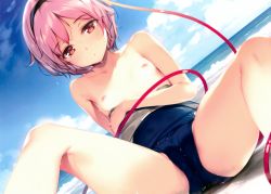 Rule 34 | 1girl, absurdres, breasts, cameltoe, cleft of venus, cloud, day, hairband, highres, ke-ta, komeiji satori, looking at viewer, nipples, ocean, open clothes, outdoors, pink eyes, pink hair, sand, scan, short hair, sitting, sky, small breasts, solo, spread legs, swimsuit, touhou, translation request, water, wet