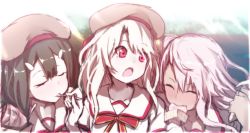 Rule 34 | 3girls, bad id, bad twitter id, beret, black hair, blush, bow, brown hat, chloe von einzbern, closed eyes, closed mouth, collared shirt, commentary request, day, eating, fate/kaleid liner prisma illya, fate (series), food, hair between eyes, hair ornament, hairclip, hat, holding, holding food, holding spoon, homurahara academy school uniform, ice cream, ice cream cone, illyasviel von einzbern, long hair, miyu edelfelt, multiple girls, one side up, open mouth, outdoors, pink eyes, pink hair, red bow, school uniform, shirt, spoon, wada kazu, white hair, white shirt