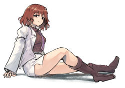 Rule 34 | 1girl, arm support, belt, black belt, boots, breasts, brown footwear, closed mouth, collared shirt, commentary request, ginnkei, horikawa raiko, jacket, legs, long sleeves, medium breasts, necktie, open clothes, open jacket, pelvic curtain, pencil skirt, plaid, plaid shirt, purple necktie, red eyes, red hair, red shirt, shirt, short hair, simple background, sitting, sketch, skirt, smile, solo, suit jacket, touhou, white background, white jacket, white shirt