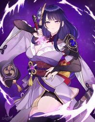 Rule 34 | 1girl, absurdres, braid, breasts, bridal gauntlets, cleavage, drawing sword, electricity, flower, genshin impact, gradient background, hair ornament, highres, holding, holding sword, holding weapon, human scabbard, japanese clothes, kimono, large breasts, long hair, long sleeves, looking at viewer, low-braided long hair, low-tied long hair, mitsudomoe (shape), mole, mole under eye, musou isshin (genshin impact), obi, purple background, purple eyes, purple flower, purple hair, purple kimono, purple nails, raiden shogun, sakotach, sash, serious, solo, sword, thick thighs, thighhighs, thighs, tomoe (symbol), very long hair, weapon