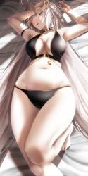 Rule 34 | 1girl, bare shoulders, bikini, black bikini, blush, breasts, cleavage, collarbone, fate/grand order, fate (series), heroic spirit festival outfit, highres, jeanne d&#039;arc (fate), jeanne d&#039;arc alter (fate), jeanne d&#039;arc alter (festival outfit) (fate), large breasts, long hair, looking at viewer, navel, open mouth, silver hair, solo, swimsuit, thighs, totororo, very long hair, yellow eyes