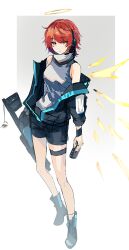 Rule 34 | 1girl, absurdres, arknights, bare shoulders, black footwear, black jacket, black shorts, boots, detached wings, exusiai (arknights), exusiai (midnight delivery) (arknights), full body, grab pigeon, gun, halo, highres, holding, holding gun, holding weapon, jacket, kriss vector, off shoulder, official alternate costume, orange eyes, parted lips, red hair, shirt, short hair, shorts, sleeveless, sleeveless shirt, solo, submachine gun, weapon, white shirt, wings