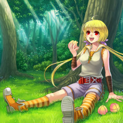 Rule 34 | 1girl, asymmetrical clothes, bad id, bad pixiv id, bare shoulders, belt, blonde hair, bow, eating, female focus, food, forest, frontier town, fruit, hair bow, kneehighs, long hair, nature, original, outdoors, plant, red eyes, sitting, smile, socks, solo, striped clothes, striped socks, studded belt, thighhighs, tree