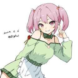 Rule 34 | 1girl, absurdres, apron, bigkwl, cowboy shot, dated, detached collar, dress, frilled apron, frills, green dress, grin, hair bobbles, hair ornament, highres, kantai collection, leaning to the side, official alternate costume, one-hour drawing challenge, pink eyes, pink hair, sazanami (11th anniversary) (kancolle), sazanami (kancolle), short hair, simple background, smile, solo, twintails, twitter username, v, white apron, white background