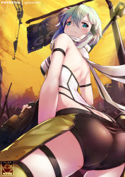 Rule 34 | 1girl, anti-materiel rifle, aqua eyes, aqua hair, ass, bad id, bad pixiv id, black shorts, blush, bolt action, breasts, butt crack, from behind, gainoob, gun, hair ornament, hairclip, looking at viewer, looking back, medium breasts, pgm hecate ii, rifle, short hair, short hair with long locks, shorts, sinon, sniper rifle, solo, standing, sword art online, weapon