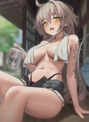 Rule 34 | 1girl, ahoge, alcohol, asahi breweries, beer, beer can, blue shorts, blurry, blurry background, blush, breasts, can, collarbone, covered erect nipples, denim, denim shorts, drink can, fate/grand order, fate (series), highleg, highleg panties, holding, holding can, indoors, jeanne d&#039;arc alter (fate), large breasts, light brown hair, looking at viewer, nasaca, navel, open fly, open mouth, panties, short hair, short shorts, shorts, sitting, solo, stomach, string panties, sweat, thighs, topless, towel, towel around neck, underwear, wet, yellow eyes