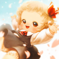 Rule 34 | 1girl, :d, aged down, ascot, black skirt, blonde hair, blurry, blush, bow, child, depth of field, forehead, frills, hair ribbon, long sleeves, open mouth, outstretched arms, petals, red eyes, ribbon, rumia, shirt, short hair, skirt, smile, solo, souri, touhou