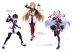 Rule 34 | 1boy, 3girls, :d, absurdres, anklet, arm up, artist name, asuna (sao), black eyes, black footwear, black gloves, black hair, black pants, boots, braid, braided bangs, brown eyes, detached sleeves, double bun, dress, floating hair, full body, gloves, hair bun, hair ribbon, highres, hime cut, holding, holding microphone, holding sword, holding weapon, jewelry, kirito, leg up, light brown hair, long hair, looking at viewer, microphone, mini person, minigirl, multiple girls, open mouth, pants, purple dress, purple eyes, red eyes, red pants, red ribbon, ribbon, sheath, short dress, silver hair, simple background, sleeveless, sleeveless dress, smile, stance, standing, standing on one leg, striped clothes, striped dress, sword, sword art online, tanabe kenji, thigh boots, thighhighs, very long hair, weapon, white background, white dress, white gloves, yui (sao-alo), yuna (sao)