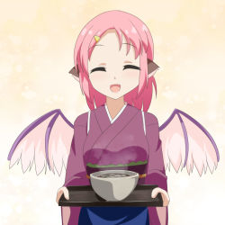 Rule 34 | 1girl, ^ ^, apron, arms up, bird wings, blue apron, bowl, cato (monocatienus), closed eyes, commentary request, cowboy shot, facing viewer, food, forehead, gradient background, hair ornament, hairclip, holding, holding tray, japanese clothes, kimono, long sleeves, mystia lorelei, no headwear, obi, okamisty, open mouth, pink background, sash, solo, soup, standing, steam, tasuki, touhou, tray, waist apron, wide sleeves, wings