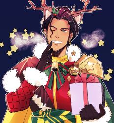 Rule 34 | 1boy, aged up, antlers, armor, artist name, beard stubble, blue background, claude von riegan, claude von riegan (yuletide schemer), commentary request, earrings, facial hair, fake antlers, finger to mouth, fire emblem, fire emblem: three houses, fire emblem heroes, gift, hair ornament, holding, holding gift, holly hair ornament, horns, ice ice mint, jewelry, looking at viewer, male focus, nintendo, one eye closed, pauldrons, reindeer antlers, santa costume, shoulder armor, single pauldron, smile, star (symbol), stubble
