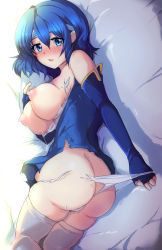 Rule 34 | 1girl, alternate breast size, ass, bad id, bad pixiv id, blue eyes, blue hair, blush, breasts, breasts out, catria (fire emblem), echizen, echizen (hvcv), fire emblem, fire emblem: mystery of the emblem, headband, large breasts, looking at viewer, looking back, lying, matching hair/eyes, nintendo, nipples, on side, open mouth, panties, puffy nipples, short hair, smile, solo, tearing clothes, thighhighs, torn clothes, torn panties, underwear, wedgie, white panties
