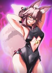 Rule 34 | 1girl, absurdres, animal ear fluff, animal ears, armpits, arms behind head, arms up, bare shoulders, bell, black gloves, blush, breasts, center opening, china dress, chinese clothes, double bun, dress, fate/grand order, fate (series), fox ears, fox girl, fox tail, glasses, gloves, hair between eyes, hair bun, highres, jingle bell, koyanskaya (chinese lostbelt outfit) (fate), koyanskaya (fate), large breasts, licking lips, long hair, looking at viewer, pelvic curtain, pink background, pink hair, shibao aoyama, side slit, sidelocks, sleeveless, sleeveless dress, smile, tail, tamamo (fate), tassel, thighs, tongue, tongue out, white-framed eyewear, yellow eyes
