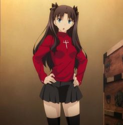 Rule 34 | 1girl, black hair, black skirt, black thighhighs, blue eyes, command spell, fate/stay night, fate (series), hair ribbon, hands on own hips, jpeg artifacts, long hair, open mouth, pleated skirt, ribbon, screencap, skirt, standing, sweater, thighhighs, thighs, tohsaka rin, twintails, zettai ryouiki