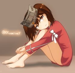 Rule 34 | 10s, 1girl, bare legs, barefoot, brown eyes, brown hair, from side, frown, fujiwara rein, full body, head tilt, hugging own legs, japanese clothes, kantai collection, kariginu, no pants, own hands together, ribbon trim, ryuujou (kancolle), sitting, solo, twintails, twitter username, visor cap