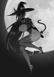Rule 34 | 1girl, absurdres, animal ears, bdsm, blush, bondage, bound, breasts, cat ears, cat tail, collar, dawalixi, full moon, gloves, greyscale, harness, hat, high heels, highres, large breasts, long hair, looking at viewer, monochrome, moon, navel, night, nipple piercing, nipples, open mouth, original, piercing, restrained, slave, solo, tail, thighhighs, witch, witch hat