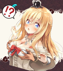 Rule 34 | !?, 1boy, 1girl, blonde hair, blush, braid, grabbing another&#039;s breast, breasts, cleavage, crown, dated, dress, flying sweatdrops, french braid, grabbing, groping, highres, jewelry, kantai collection, large breasts, long hair, long sleeves, mini crown, necklace, off-shoulder dress, off shoulder, open mouth, red neckwear, solo focus, sweat, twitter username, upper body, warspite (kancolle), yuzumaki tajii