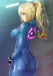 Rule 34 | 1girl, arm cannon, ass, blue bodysuit, bodysuit, breasts, covered erect nipples, directed-energy weapon, energy cannon, energy weapon, from behind, impossible bodysuit, impossible clothes, lips, long hair, looking at viewer, looking back, medium breasts, metroid, nandz, nintendo, ponytail, samus aran, shiny skin, skin tight, solo, standing, weapon, zero suit