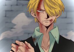 Rule 34 | 1boy, blonde hair, blood, blood on clothes, blood on face, blood on hands, bruise, bruise on face, curly eyebrows, dirty, dirty clothes, dirty face, hair over one eye, hand on own shoulder, highres, injury, jacket, long sleeves, one piece, s kan a, sanji (one piece), shirt, short hair, smirk, solo, torn clothes