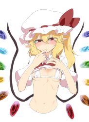 Rule 34 | 1girl, bikini, blonde hair, blush, bow, breasts, clothes lift, collared shirt, commentary request, covered erect nipples, cropped torso, crystal wings, double-parted bangs, finger to mouth, flandre scarlet, hand on own chest, hat, hat bow, hat ribbon, highres, looking at viewer, mob cap, narrowed eyes, navel, pointy ears, puffy sleeves, red bow, red eyes, red ribbon, red vest, ribbon, ribs, shirt, shirt lift, short hair, side ponytail, sidelocks, sleeves rolled up, small breasts, solo, swimsuit, takorice, touhou, vest, vest lift, white background, white bikini, white hat, white shirt, wings