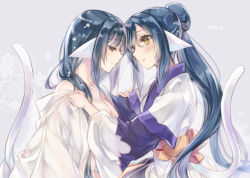 Rule 34 | 2girls, ainu clothes, animal ears, aquaplus, black hair, blush, breasts, breasts out, cat tail, cleavage, closed mouth, clothes pull, collarbone, dress, eyelashes, family, female focus, from side, kuon (utawarerumono), layered sleeves, long hair, long sleeves, looking at another, looking down, medium breasts, midriff peek, mother and daughter, multiple girls, open clothes, orange eyes, ponytail, smile, tail, thighs, utawarerumono, utawarerumono: itsuwari no kamen, very long hair, white tail, yami nabe23, yuzuha (utawarerumono)
