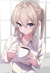 Rule 34 | 1girl, blonde hair, blue eyes, blush, breasts, buttons, cleavage, closed mouth, coffee, coffee mug, collarbone, collared shirt, commentary, contrapposto, cup, fathom, graf zeppelin (kancolle), hair between eyes, highres, holding, holding cup, kantai collection, large breasts, looking at viewer, medium hair, morning, mug, shirt, sidelocks, smile, solo, twintails, upper body, white shirt