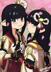 Rule 34 | 2girls, black gloves, black hair, blunt bangs, blush, breasts, closed mouth, colo (nagrolaz), commentary, english commentary, fewer digits, gloves, hair ornament, highres, hinoa, japanese clothes, long hair, looking at viewer, minoto, monster hunter (series), monster hunter rise, multiple girls, pointy ears, siblings, sidelocks, simple background, sisters, smile, twins, yellow eyes